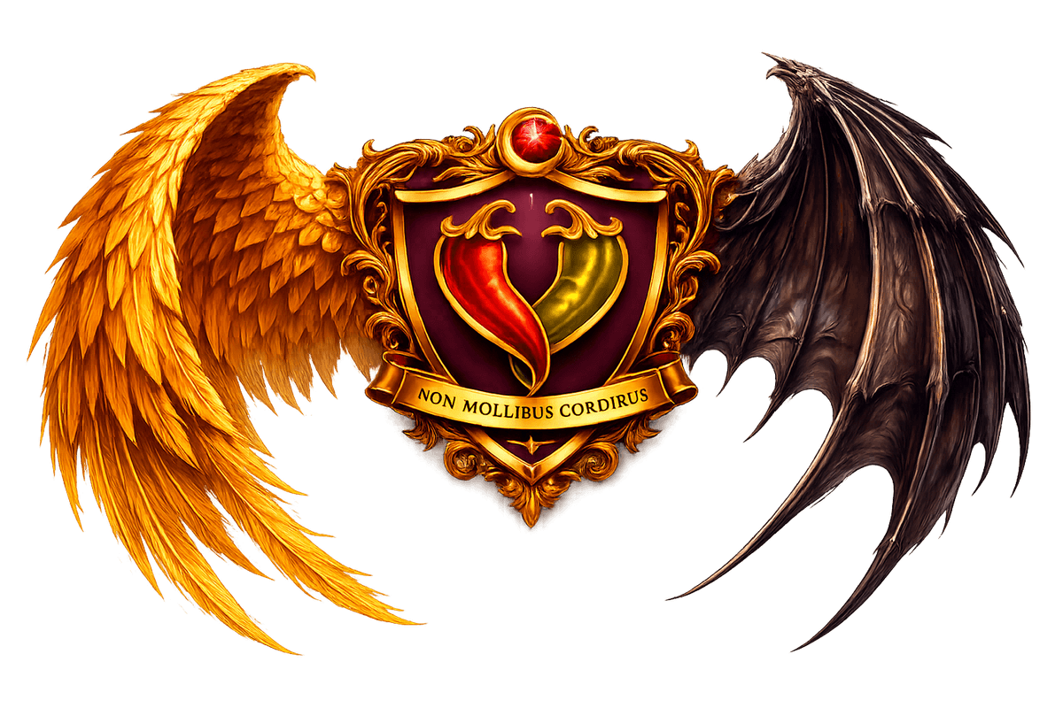 SpiceShelf logo — two peppers forming a heart in an ornate shield with angel and dragon wings
