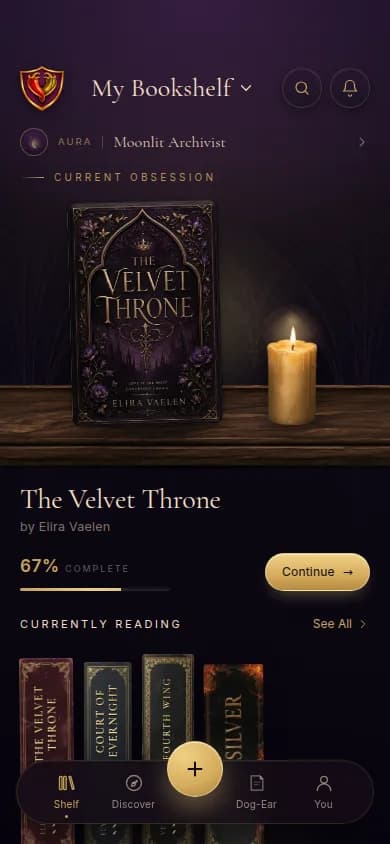 The SpiceShelf app showing a reader's themed bookshelf of romantasy spines